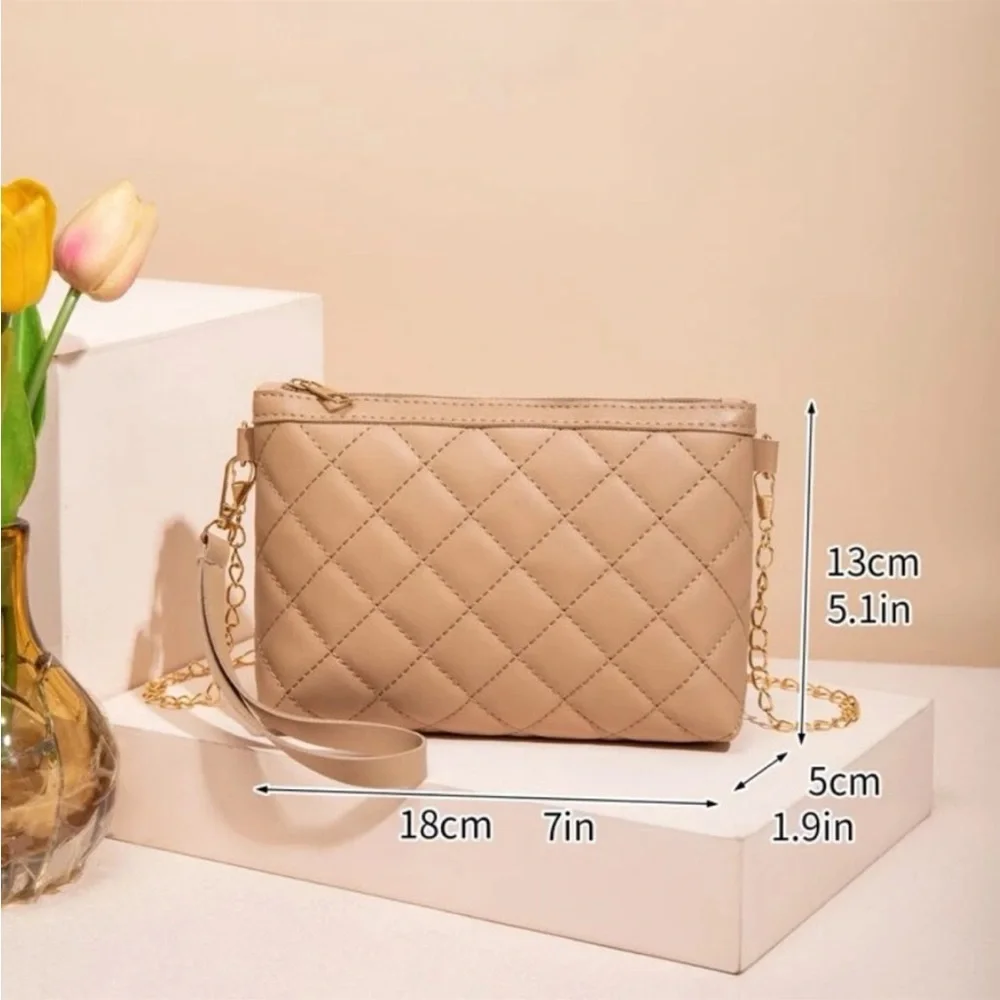 Khaki Quilted Crossbody Purse with Removable Gold Chain